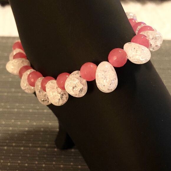 Pink Jade & Clear Crystal Handmade Beaded Ankle Bracelet - Picture 1 of 8